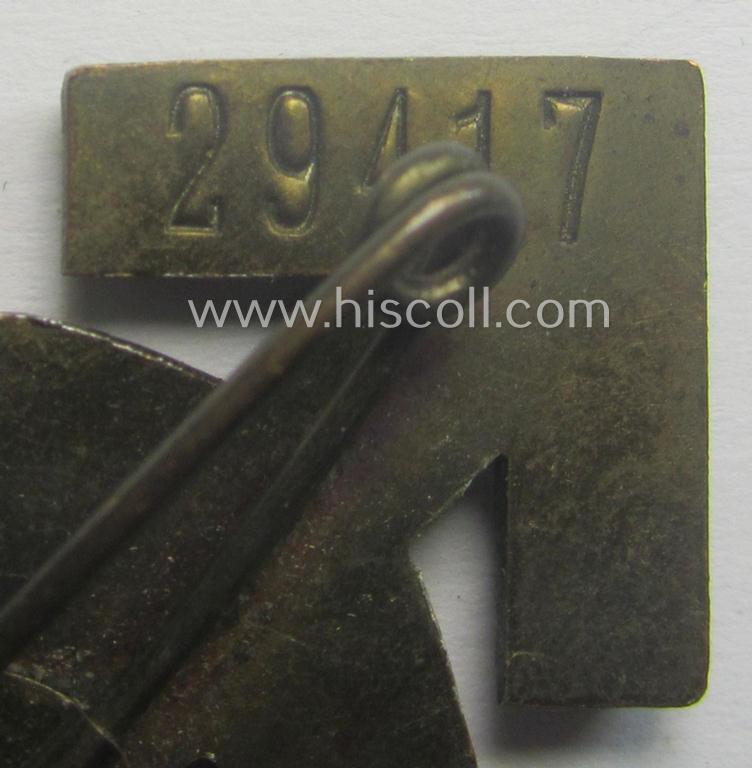 HJ- (ie. 'Hitlerjugend'-) sports-badge (or: 'HJ-Leistungsrune') of the bronze-class being a clearly maker- (ie. 'RzM - M1/101'-) marked- and/or: 'Cupal'-based specimen that shows an engraved (unique and low!) bearers'-numeral ('29417')