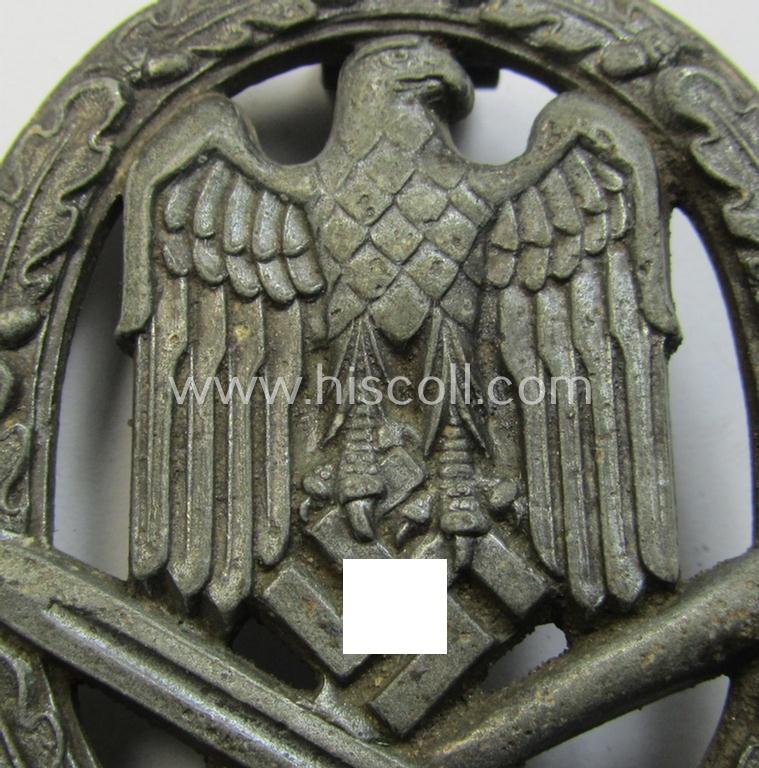 Attractive, 'Allgemeines Sturmabzeichen' (or General Assault Badge ie. GAB), being an unmarked, zinc- (ie. 'Feinzink'-) based so-called: 'flat-back'-pattern by a (by me) unidentified maker