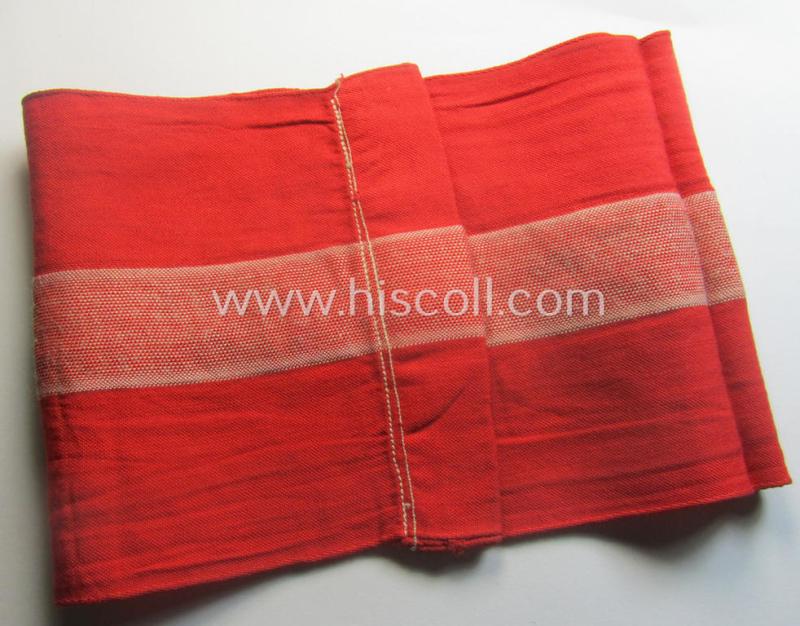 'Standard-issued'-pattern (ie. entirely woven) pattern, bright-red-coloured HJ- (ie. 'Hitlerjugend'-) related armband (ie. 'Armbinde') being a moderately worn- ie. used example that misses its 'RzM'-etiket