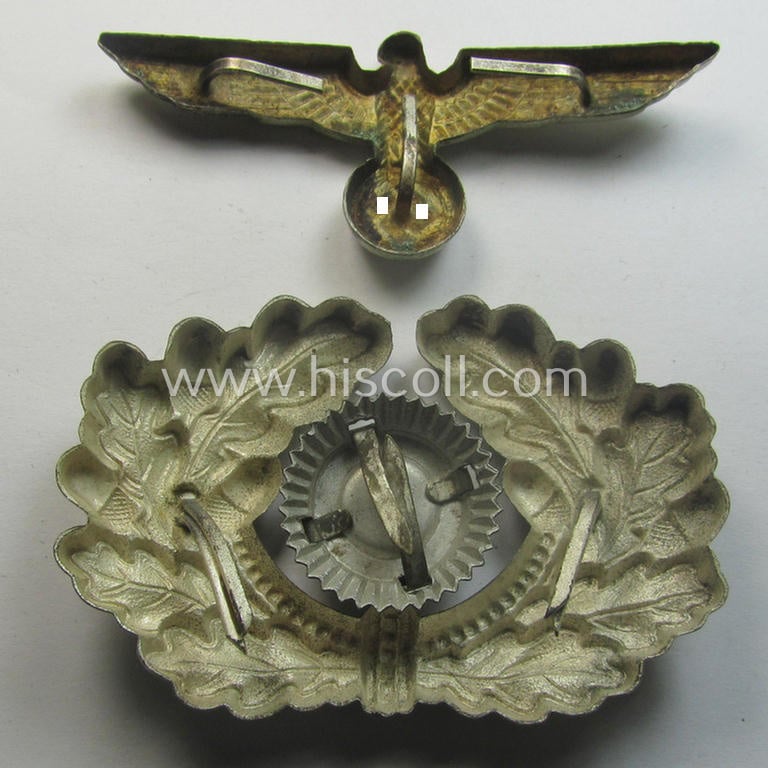 Fully matching WH (Heeres) NCO- (ie. officers'-) type (and 'Buntmetall'-based!) visor-cap insignia-set for attachment onto the various NCO- ie. officers'-type visor-caps (ie. 'Schirmmützen')