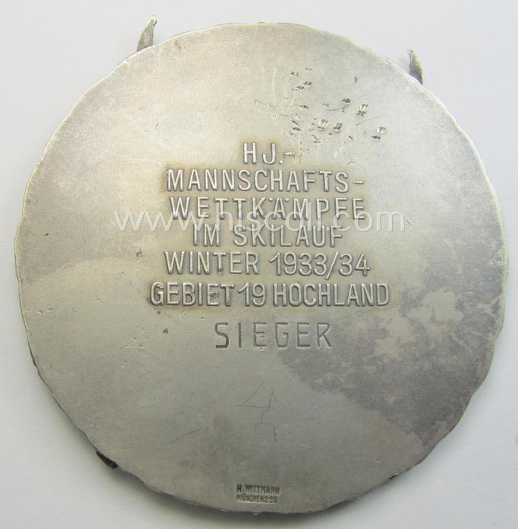 'HJ'- ('Hitlerjugend'-) related commemorative-plaque (ie. 'Erinnerungs- o. nichttragbare Plakette') entitled: 'H.J. Mannschaftswettkämpfe im Skilauf - Winter 1933/34 - Gebiet 19 Hochland - Sieger'