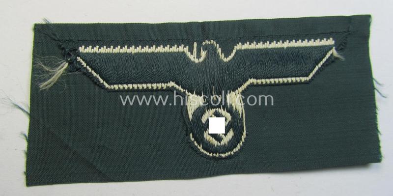 WH (Heeres) pre- (ie. early-) war-period- and/or white-coloured WH (Heeres) type side-cap-eagle as executed in the neat 'BeVo'-weave pattern onto a darker-green-coloured background