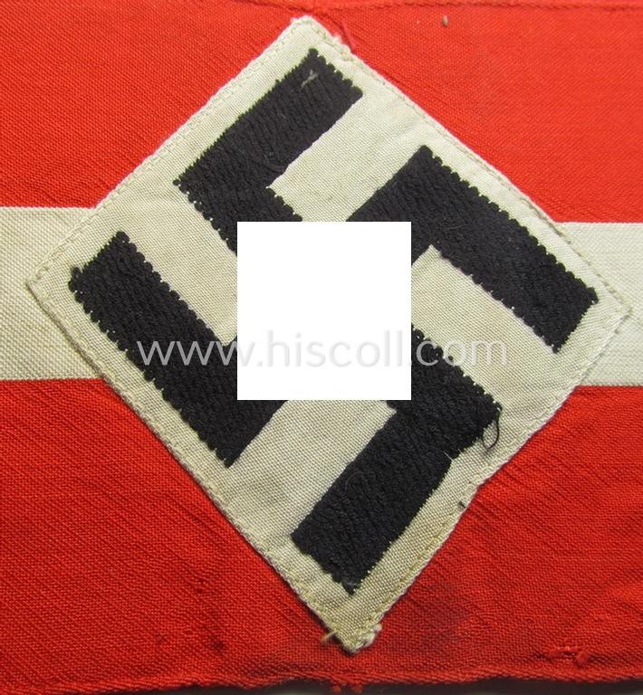 Attractive - and scarcely found! - 'standard-issued'- (ie. entirely woven) pattern, bright-red-coloured HJ- (ie. 'Hitlerjugend'-) related armband (ie. 'Armbinde') being a clearly used example that is void of an 'RzM'-etiket