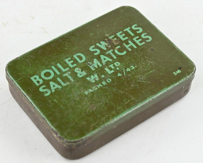 British WW2 Tin can of Boiled Sweets, Salt & Matches