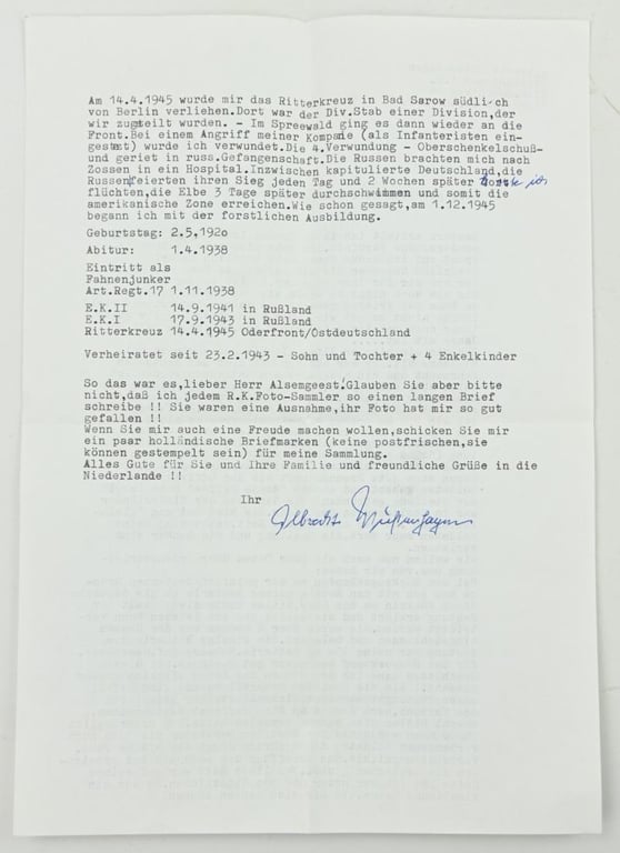 Signature of Wehrmacht Heer KC Recipient 'Albrecht Wüstenhagen'