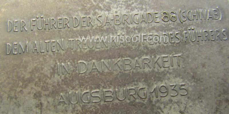 Luxuriously-styled and partly enamelled SA- (ie. 'Sturmabteilungen'-) related commemorative-plaque (ie. 'Erinnerungs- o. nichttragbare Plakette') entitled: 'S.A. Treffen - Brig. 86 - Schwaben - 24.-25.8.1935'