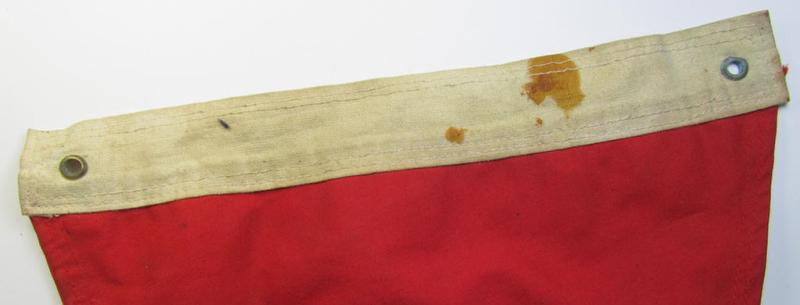 Attractive, medium- (ie. somewhat larger-) sized N.S.D.A.P.-related so-called: 'Fahrrad- o. Hausfahne' (being fabricated in typical, linnen-based- and/or printed fabric) and that comes in an overall nice, albeit moderately used, condition