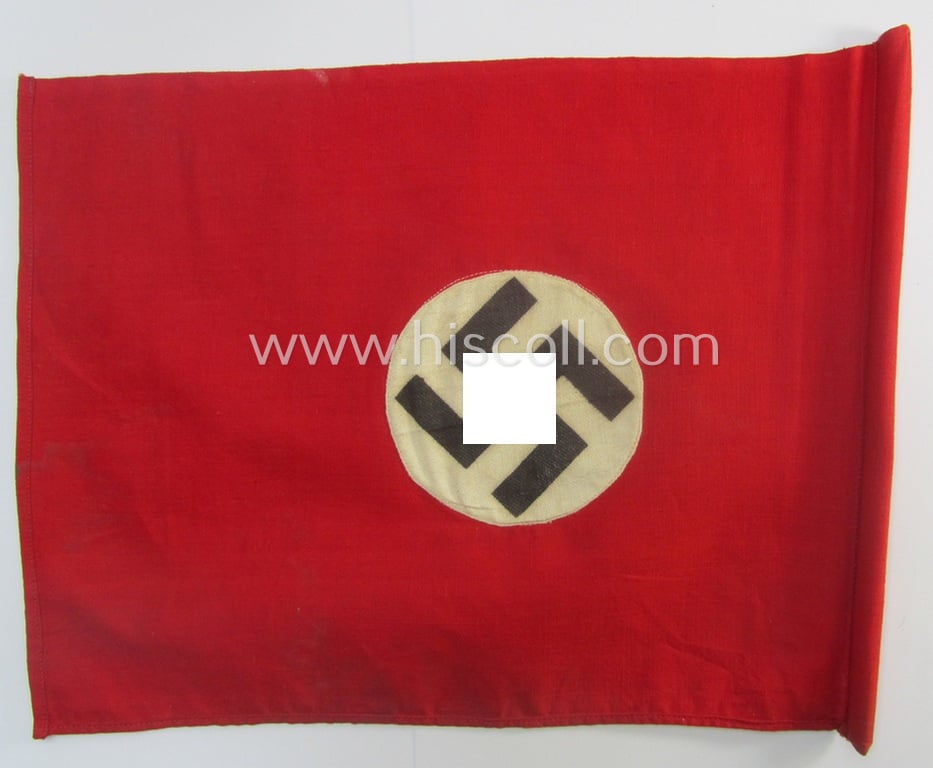 'Patriotic-styled'- and nicely constructed! - white- and red-coloured N.S.D.A.P.-related patriotic- ie. bicycle-flag (ie. 'Fahrrad- o. Symphatie-Fahne') depicting a double-sided (printed-styled) woven swastika-patch
