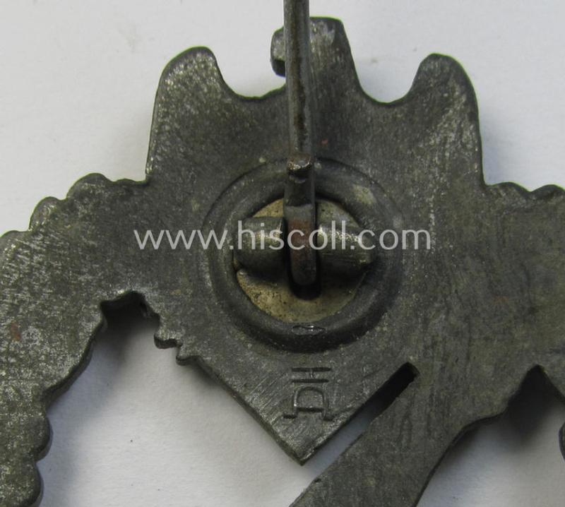 Attractive - surely worn but truly detailed! - 'Infanterie Sturmabzeichen in Silber' (or: silver-class infantry assault-badge ie. IAB) being a maker- (ie. 'HA'- ie. 'Hermann Aurich') marked example as executed in zinc-based metal (ie. 'Feinzin...