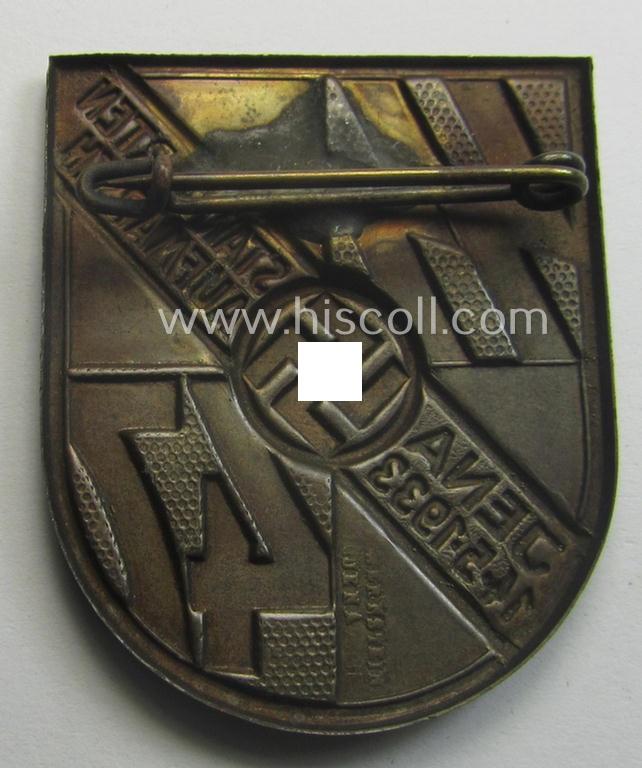 Early-period, SS-related 'tinnie' ie. 'Veranstaltungsabzeichen' being a maker- (ie. 'Wernstein - Jena'-) marked example showing the: 'SS-runes', '47'-numerals, swastika-sign and/or text: 'Standarten-Aufmarsch - Jena - 14.5-1933'