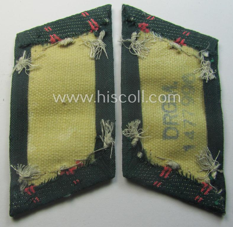 WH (Heeres) pair of (later-war-pattern) officers'-type collar-tabs (ie. 'Kragenspiegel für Offiziere') as executed in 'BeVo'-weave pattern as was intended for an officer serving within the: 'Panzer- o. Panzerjäger-Trpn.'