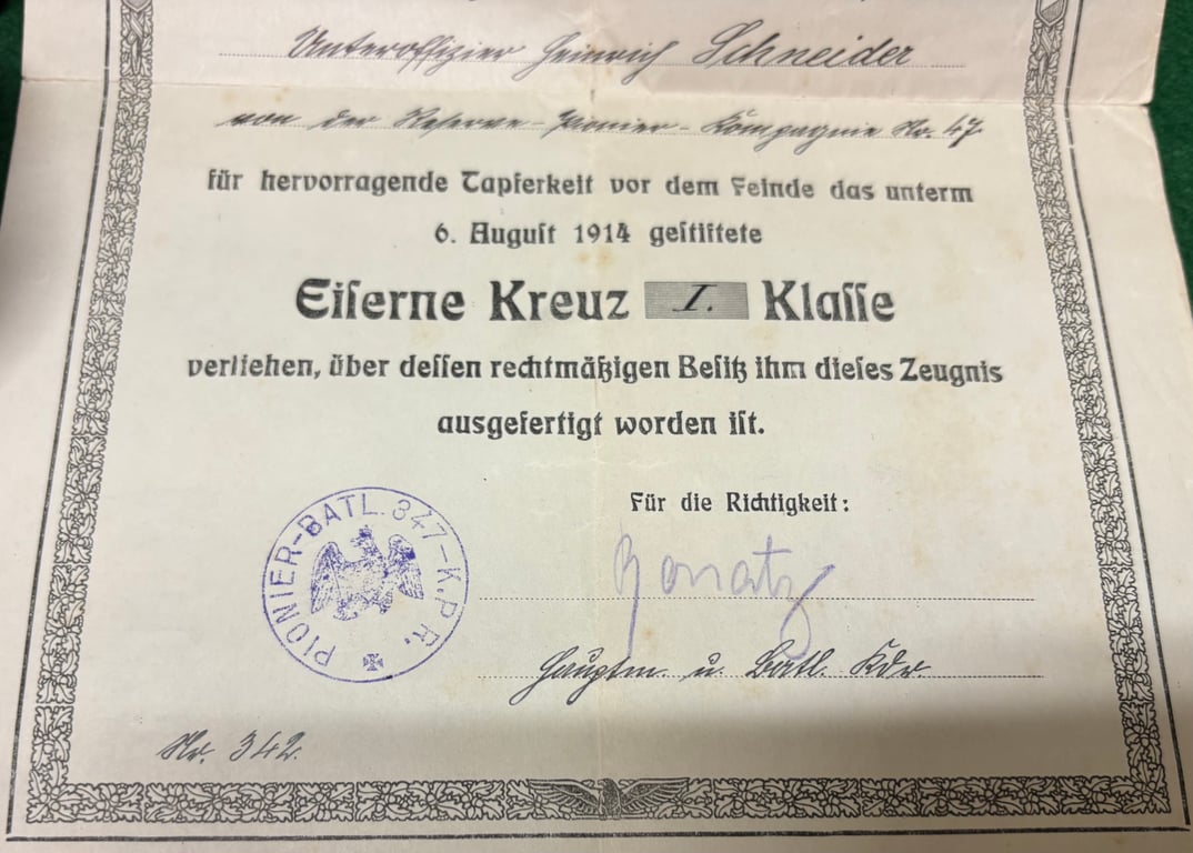 Original German Iron Cross 1st Class Award Document