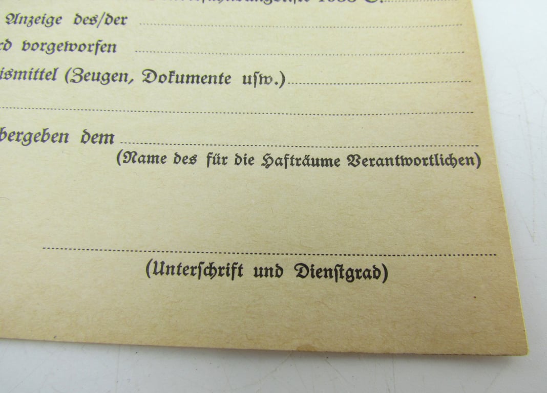 Blank Gestapo Arrest Report Form (Festnahme)