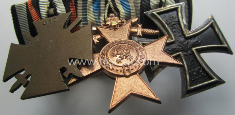 Attractive, WWI-period so-called: 'Ordenspange' (being of the non-'detachable-pattern') showing resp. an: 'EK II. Klasse', a: 'Bayern Militär-Verdienstkreuz 3. Kl. mit der Krone' and a: 'FKK 1914-18 mit Schw.' and that comes as recently fou...