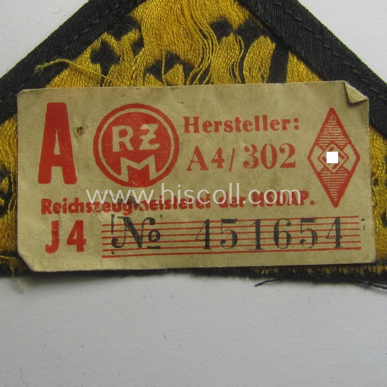 'HJ' ('Hitlerjugend') district-triangle (ie. 'Gebietsdreieck') entitled: 'West Ruhr-Niederrhein' (being a 'virtually mint- ie. unissued'-) example that still retains its period 'RzM'-etiket)
