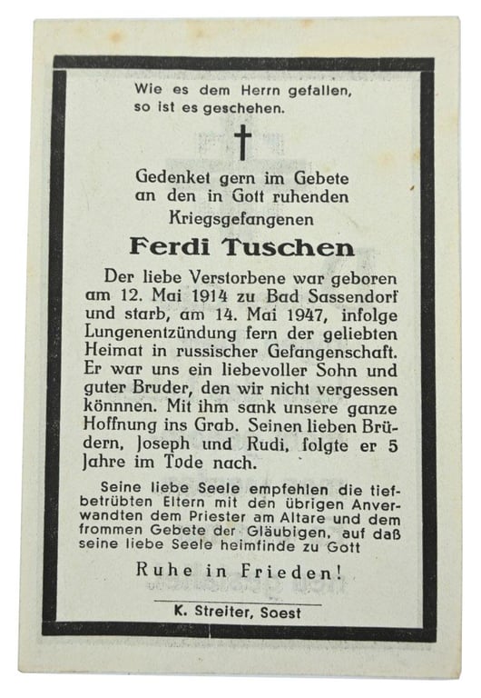German WW2 Deathcard 'Ferdi Tuschen'