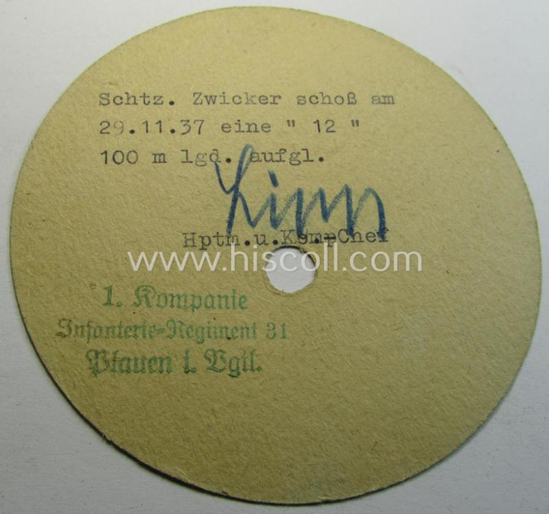 Interesting, pre-WWII-period (1937-dated) colourful, carton-based shooting-target (ie. 'Schießziel') depicting a deer as was issued to: 'Schütze Zwicker' (member within the: '1./Infanterie-Regiment 31')