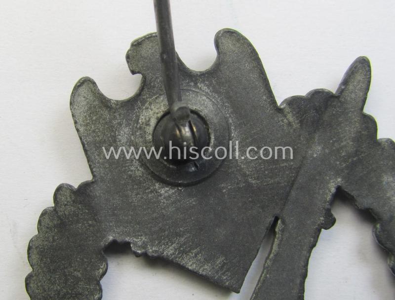 Attractive - and just moderately used! - 'Infanterie-Sturmabzeichen in Silber' (or: silver-class infantry-assault badge ie. IAB) being a non-maker-marked example as executed in greyish-silver-coloured 'Feinzink'