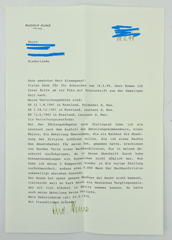Signature of Wehrmacht Heer KC Recipient 'Rudolf Kunz'