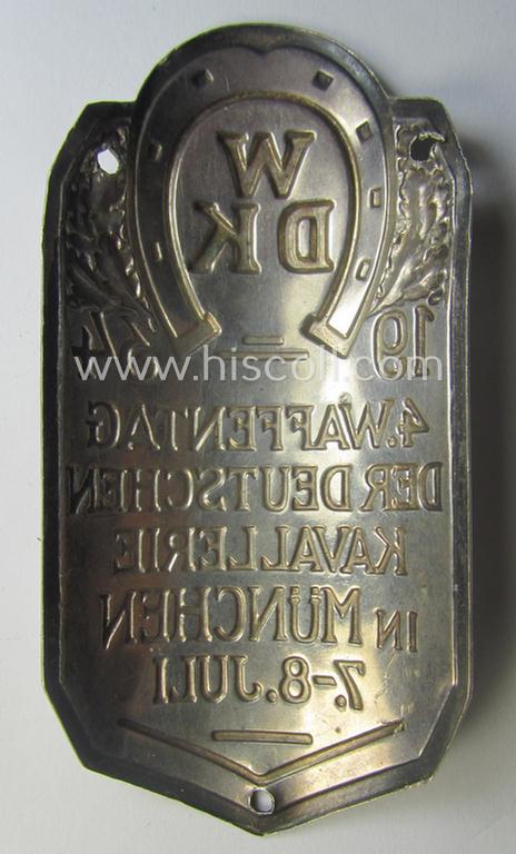 Rarely seen, commemorative, 'Waffenring Deutscher Kavallerie'- (ie. 'WDK'-) related 'flag-pole-device' depicting the typical WDK-logo coupled with the text: '4. Waffentag der deutschen Kavallerie in München - 7.-8. Juli 1934'