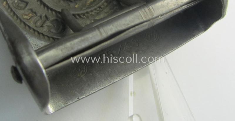 Waffen-SS, enlisted-mens'- (ie. NCO-type-) belt-buckle (being a typical 'RzM - 155/43 - SS'-marked and thus by: 'Assmann'-produced example) that comes in a clearly used- ie. worn, condition