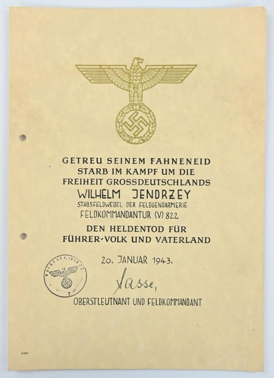 German WH Feldgendarmerie Certificate 'Heldentod'