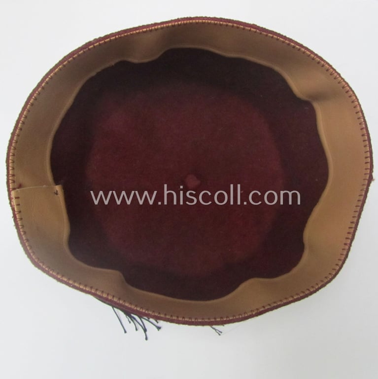 Superb, maroon-red-coloured, Waffen-SS-pattern so-called: 'Fez' having a neat - and fully matching! - silver-grey-coloured- and/or 'BeVo'-woven insignia-set originally- (ie. 'off-factory'-) attached