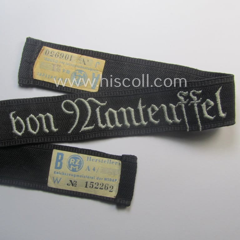 Superb, SA- (ie. 'Sturmabteilungen') honorary-cuff-title (ie. 'Ärmelstreifen') entitled: 'Hans von Manteuffel' (as was intended for SA-members serving within the: 'SA-Standarte Posen / SA-Gruppe Wartheland')