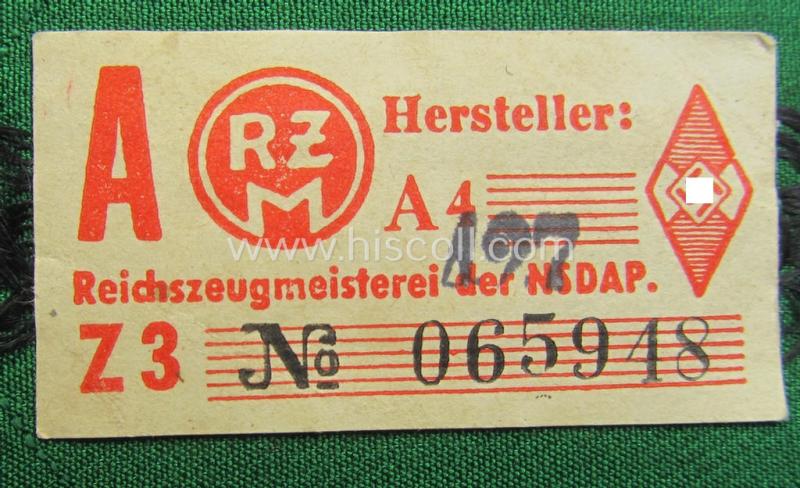 Attractive - and scarcely found! - HJ/BDM (ie. 'Hitlerjugend'/'Bund Deutscher Mädel') 'HJ-Nachrichten-Leistungsabzeichen' showing a black-toned 'signal-blitz' on a green-toned background as was intended to signify succesion in the: 'C-Prüfun...