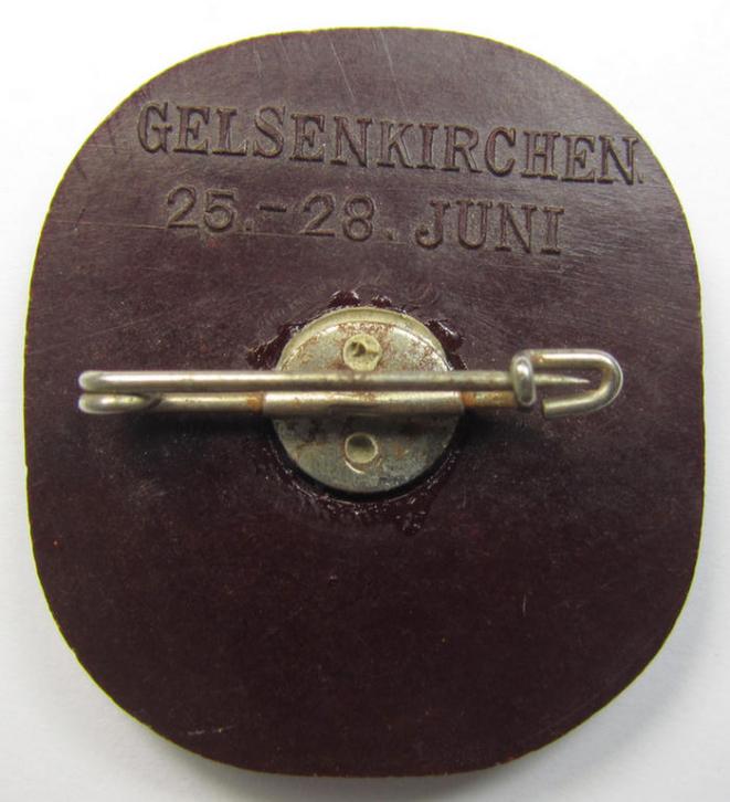 Reddish-brown-coloured- and 'molded'-style, N.S.D.A.P.-related day-badge (ie. 'tinnie' or: 'Veranstaltungsabzeichen') bearing the text: 'Gautreffen - Westfalen-Nord - 1937' (showing the text: 'Gelsenkirchen - 25.-28. Juni' on its back)