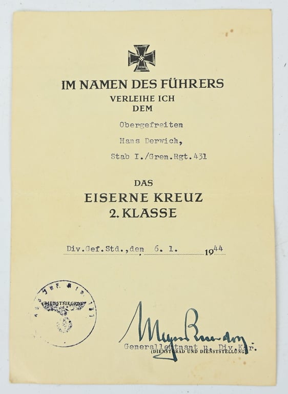 German WH Medal Certificate Set 'Grenadier Regiment 431'