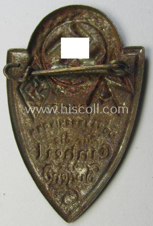 Attractive - and scarcely encountered! - 'combined' HJ (ie. 'Hitlerjugend')/SA ('Sturmabteilungen') related 'tinnie' as executed in silver-toned 'pot-metal' and showing the text: '24.11.1935 - Donaueschingen - für die Einheit der Jugend'