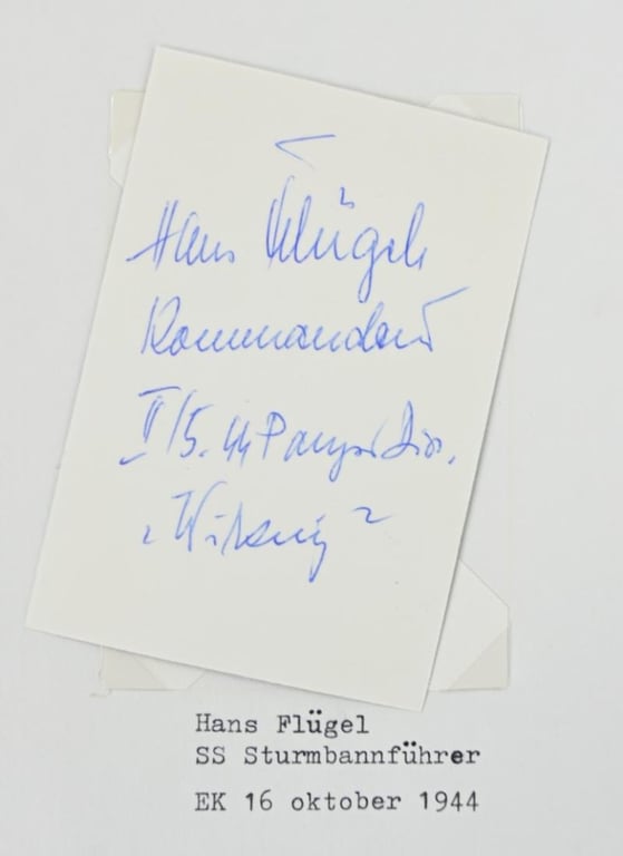Signature of Waffen-SS Knight's Cross Recipient Hans Flügel