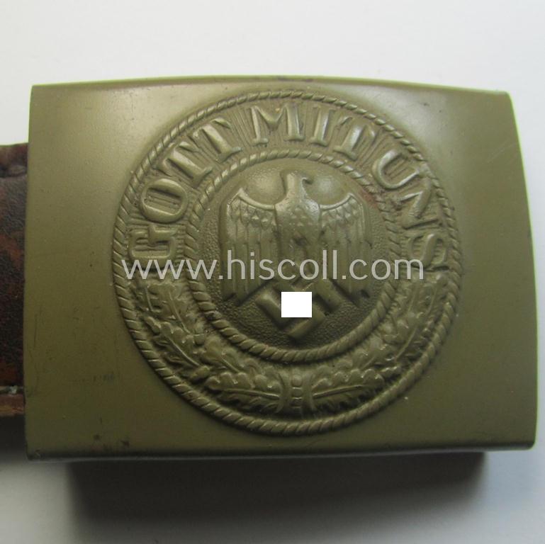 'Virtually mint', 'standard-issue'-pattern, WH (Heeres) field-grey-toned- and/or steel-based belt-buckle being a non-maker-marked example that comes mounted onto its 'B. Haarmann'-marked and/or '1941'-dated tab