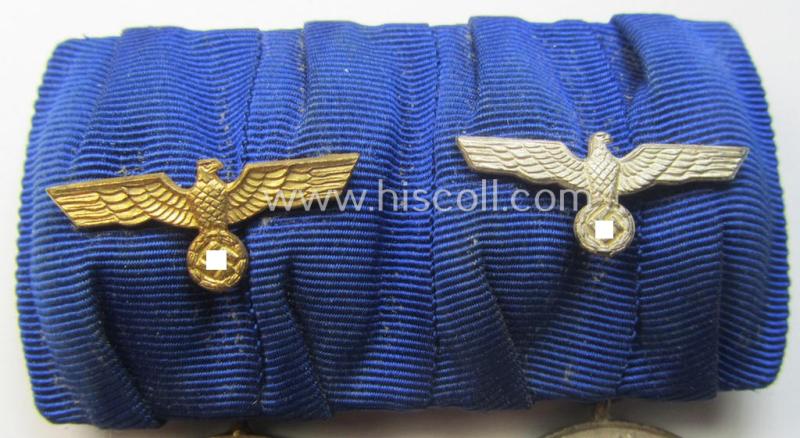 2-pieced medal-bar (ie. 'Spange') showing two: WH (Heeres o. Kriegsmarine) so-called: 'Dienstauszeichnungen für 4 u. 12 Jahre Treue Dienste' that both come period-mounted as a so-called: 'Doppelspange'