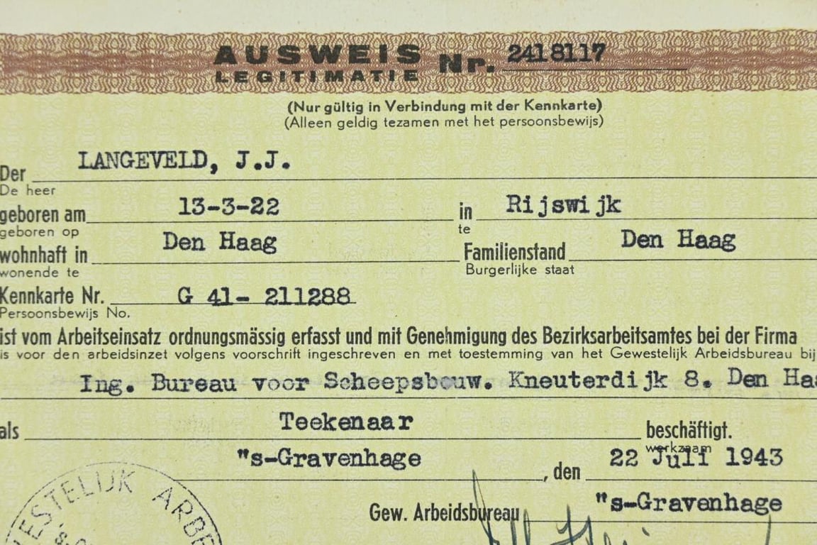 Dutch WW2 Ausweis  / ID Card Worker Exception