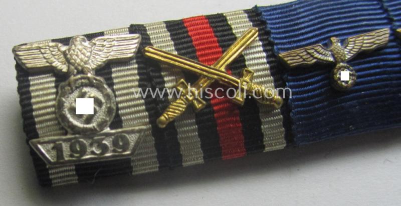 Superb, 6-pieced, WWI- (ie. WWII and/or TR-) period ribbon-bar (ie. 'Feld- o. Bandspange') showing various WWII-period awards (amongst which a WWI-period EK with 'Wiederholungsspange' and a Czech 'Anschluss'-medal with attached 'PB'-bar)
