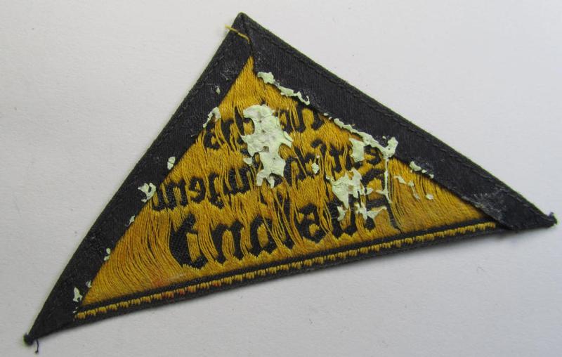 Superb - and extremely rarely encountered! - 'HJ' ('Hitlerjugend') district-triangle (ie. 'Gebietsdreieck') entitled: 'Reichs-deutsche Jugend Ausland' being an (I deem) worn- ie. used specimen that misses its 'RzM'-etiket