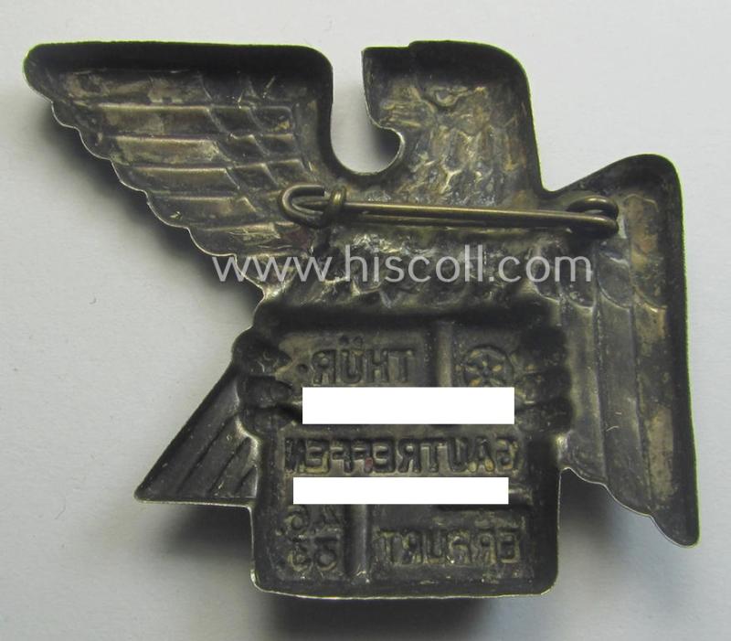 Silverish-toned, N.S.D.A.P.-related day-badge (ie. 'tinnie' or: 'Veranstaltungsabzeichen') as was issued to commemorate a party-related meeting entitled: 'Thür. Gautreffen - Erfurt - 4.6.33'