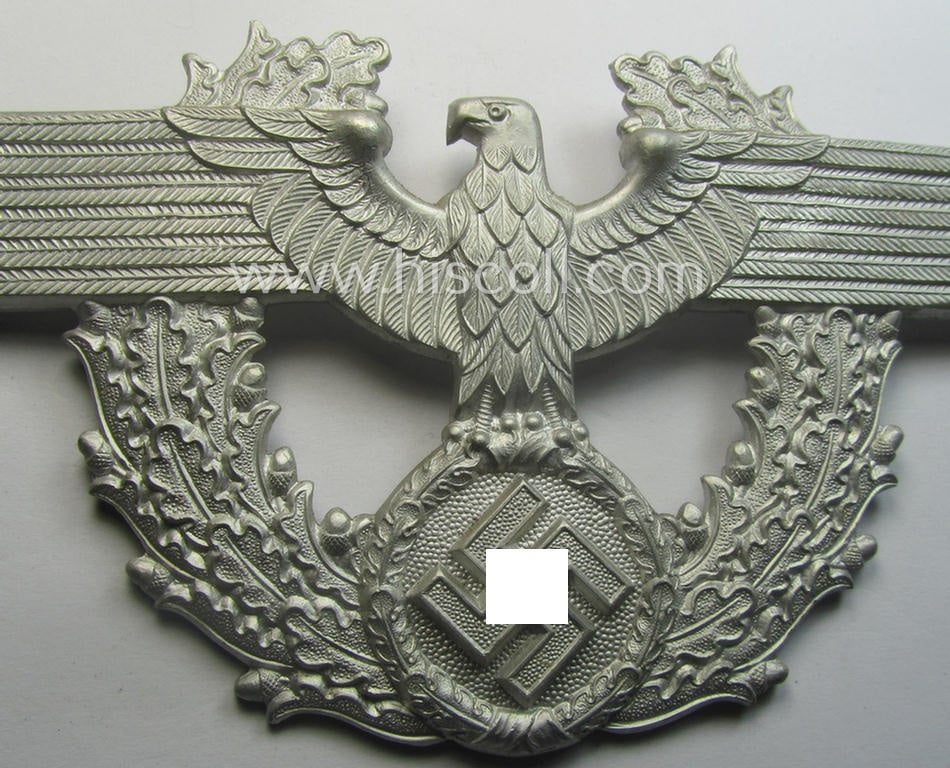 'Standard-issue'-pattern- and aluminium-based, 'Polizei'- (ie. police) 'Tschako' cap-eagle being a bright-silver-coloured- and/or non-maker-marked example as was intended for usage on the various 'Polizei' (ie. police) 'Tschakos'