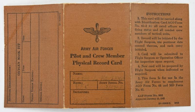 USAAF WW2 Pilot & Crew Physical Record Card