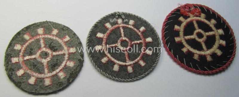 Attractive - and complete! - 3-pieced set comprising of three WH (Heeres ie. 'Panzer'-) trade- ie. special-career-patches as were intended for the various: 'Panzerwarte o. Kfz.-Warte o. Handwerker' (aka 'KFZ-Technisches Personal')