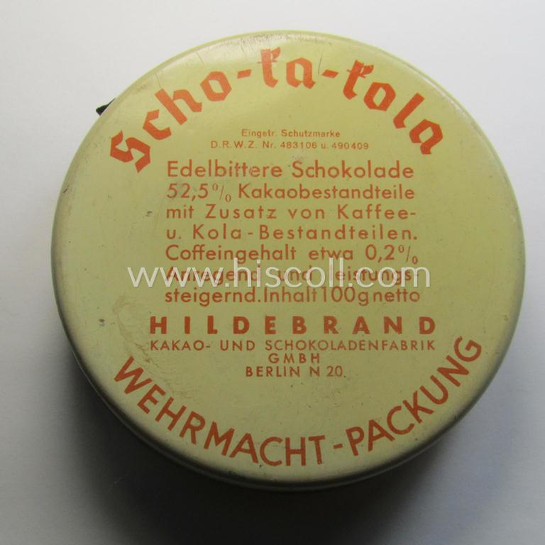 Very unusual WH chocolate ration-tin of the make: 'Scho-ka-kola - Wehrmachts-Packung', dated: '1938' that comes in an overall very nice, and still complete (and never opened!), condition