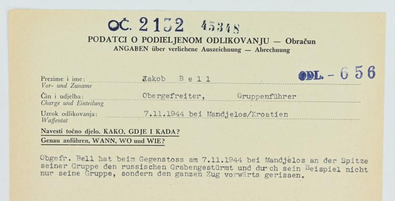 Croatian/German WW2 Bronze Bravery Medal Certificate 'Jakob Bell'