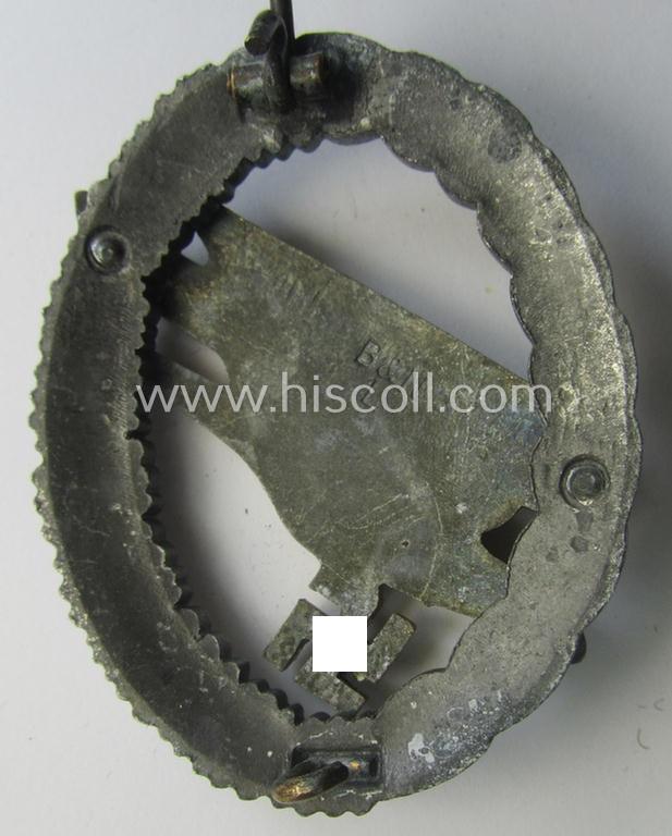 WH (Luftwaffe) 'Fallschirmschützen-Abzeichen' (or: paratroopers-jumpbadge) being a neatly maker- (ie. 'B&N - L'-) marked- and typical zinc- (ie. 'Feinzink'-) based example as was produced by the maker: 'Berg u. Nolte'