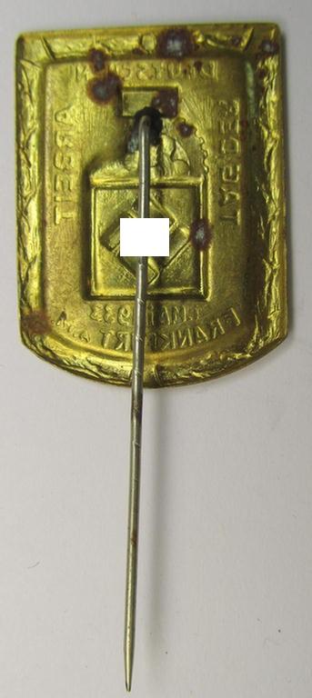 Commemorative DAF- (ie. 'Deutsches Arbeitsfront') ie. N.S.B.O.- (ie.: 'National-Sozialistischer Betriebszellen-Organisation'-) related day-badge (ie. 'tinnie') as issued to commemorate the: 'Tag der deutschen Arbeit - 1. Mai 1933 - Frankfurt a...