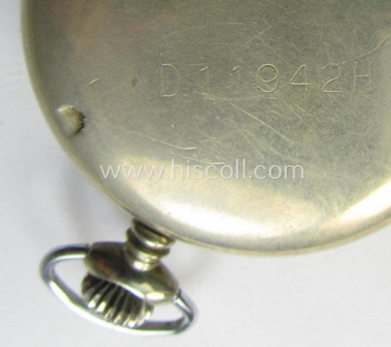 Non-functional 'Deutsche Wehrmacht'- (ie. typical WWII-period!) pocket-watch (ie. 'Dienstuhr') of the make: 'Helvetia' having a black-coloured dial-plate and/or engraved back-plate that reads: 'D 19942 H'