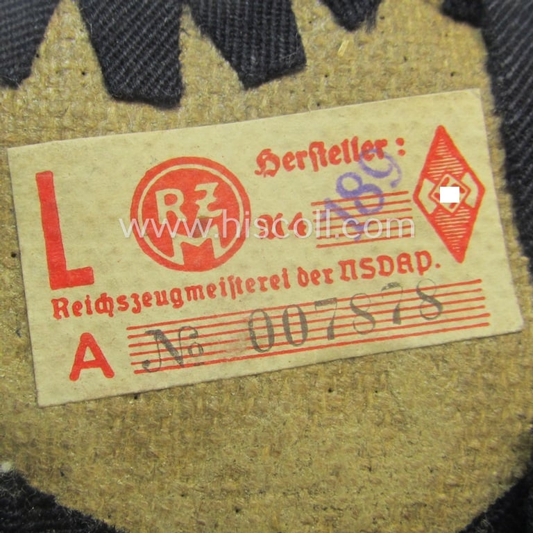 Superb - and rarely encountered! - neatly hand-embroidered, HJ/BDM ('Hitlerjugend' ie.: 'Bund Deutscher Mädel') 'Ärmelabzeichen für Fahnenträger der Bund Deutscher Mädel' being a hardly used- nor worn example that still retains its 'RzM'-etiket