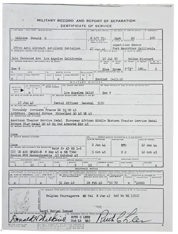 US WW2 Grouping of Captain Donald H. Wilkins, Divisional Dental Sorgeon 2nd Armored Division