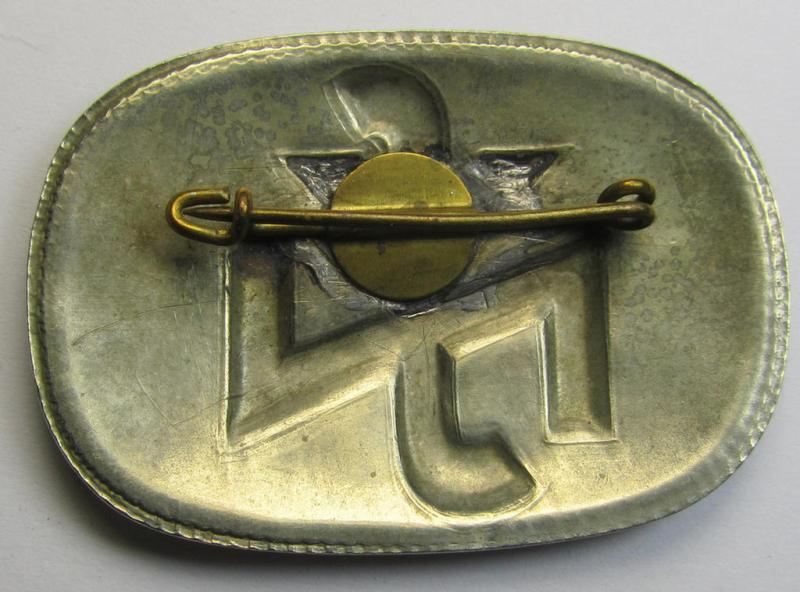 Attractive - albeit worn! - so-called: N.S.V. (ie. 'Nationalsocialistische Volkswohlfahrt') membership-lapel-pin (ie. 'Brosche') as executed in bronze-toned 'Feinzink' as was specifically intended for: 'Staatlich geprüfte Kindergärtnerinnen'